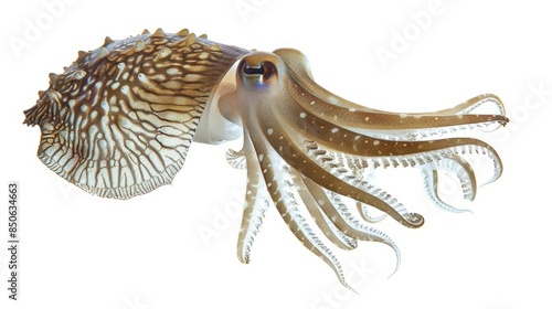 Broadclub cuttlefish showing its beautiful pattern and colors, swimming freely on white background photo