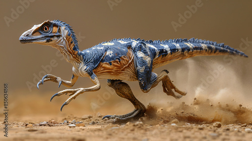 A velociraptor in a crouching position, mid-stride, with its sharp claws and feathers. photo