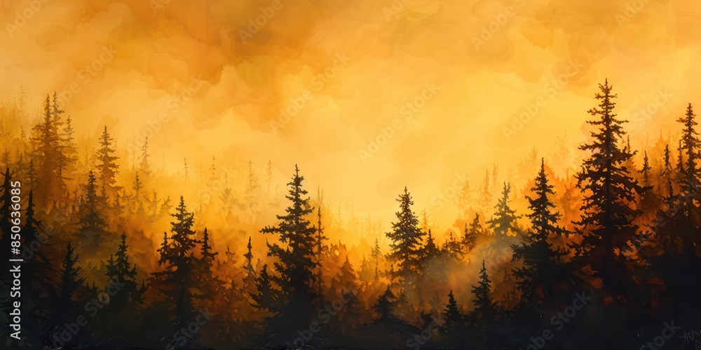 illustration of a pine forest with a beautiful evening sky illustration of a pine forest with a beautiful evening sky
