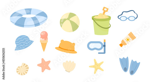 Summer kids beach set. Diving mask, diving fins, snorkel and water goggles. Sun hat, swim ring, sand bucket, ice cream, shells. Flat vector illustration. 