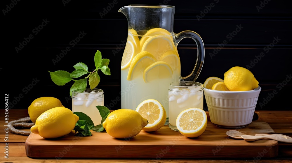 Icy lemonade pitcher with lemon slices Icy lemonade pitcher with lemon slices