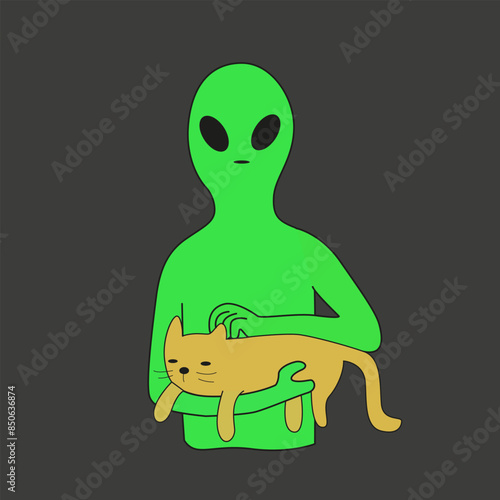 Green aliens illustration with inscriptions. Vector flat humanoid. Creature of the open space. Alien with a cat in his hands. Alien shows the peace sign