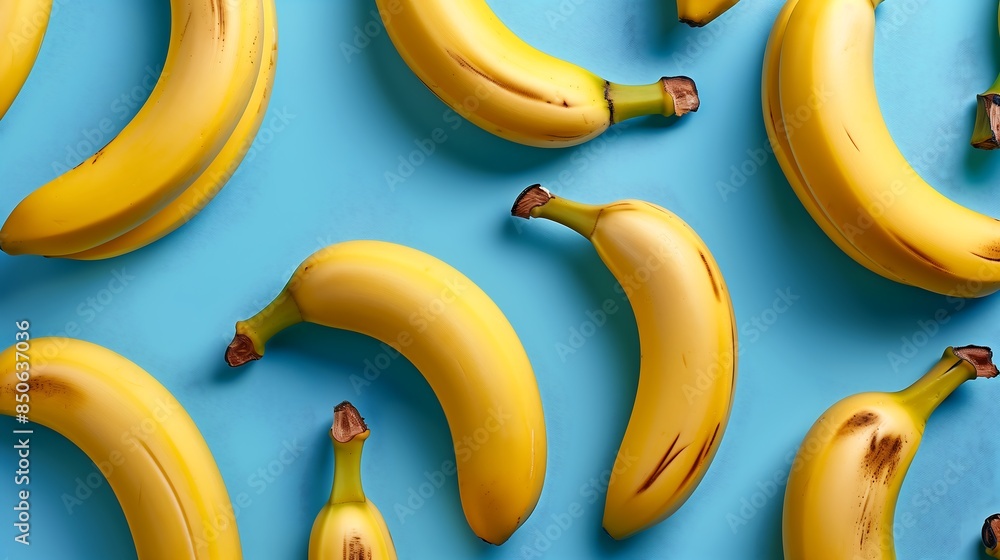 Fresh Yellow Bananas Neatly Arranged on a Blue Background, Highlighting Their Natural Sweetness Fresh Yellow Bananas Neatly Arranged on a Blue Background, Highlighting Their Natural Sweetness