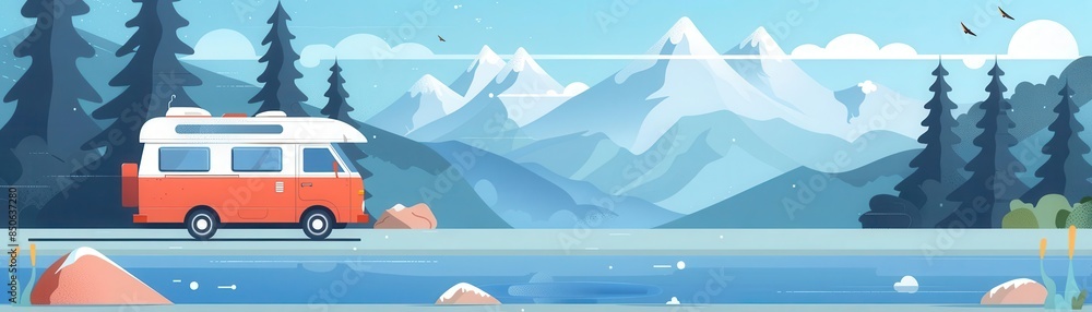nature trip flat design side view campervan by water animation Splitcomplementary color scheme nature trip flat design side view campervan by water animation Splitcomplementary color scheme