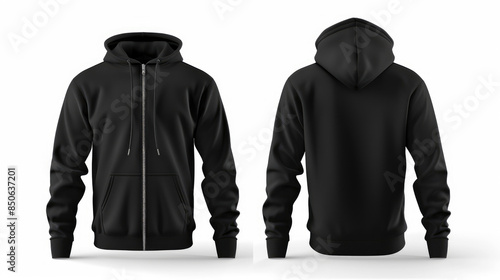 Black men's hoodie with zipper is shown from the front and back on a white background. It is a blank template.