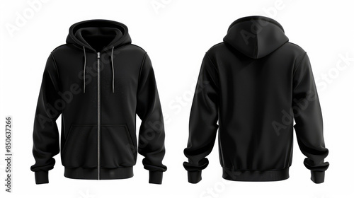 Black men's hoodie with zipper is shown from the front and back on a white background. It is a blank template.