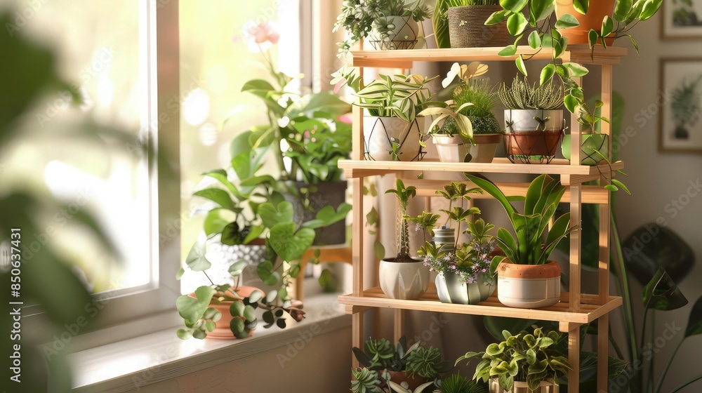 A plant stand with a variety of plants on it. The plants are arranged in different levels, with some on the top and others on the bottom. The stand is placed near a window A plant stand with a variety of plants on it. The plants are arranged in different levels, with some on the top and others on the bottom. The stand is placed near a window