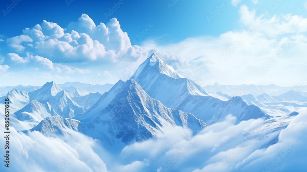 majestic snowy mountain peak towering above the clouds, its pristine white slopes contrasting against the deep blue sky. majestic snowy mountain peak towering above the clouds, its pristine white slopes contrasting against the deep blue sky.