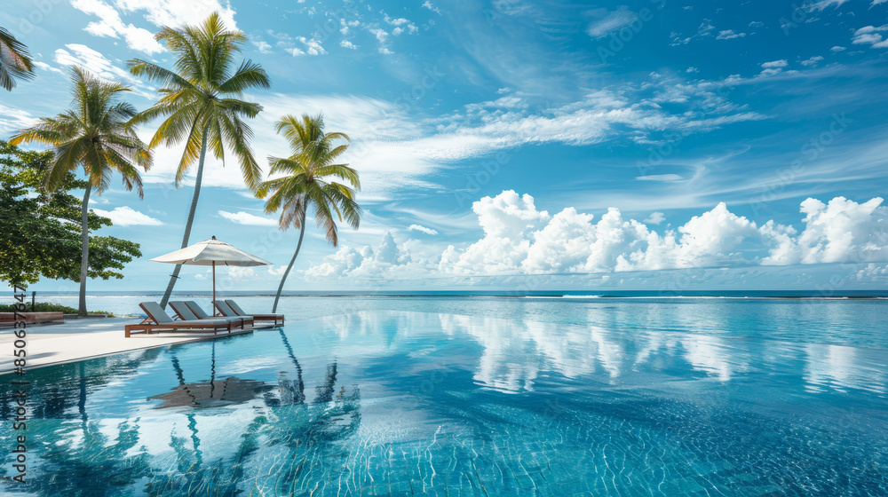 Obraz premium Breathtaking ocean views, a sparkling blue pool under a cloud-dotted sky. Escape to a tropical paradise in the Maldives, where you can unwind on comfortable chairs and loungers amidst palm trees.