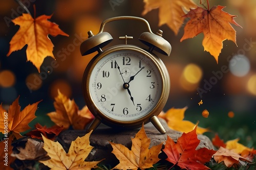 Vintage alarm clock on fallen dry leaves in autumn park with copy space for text.