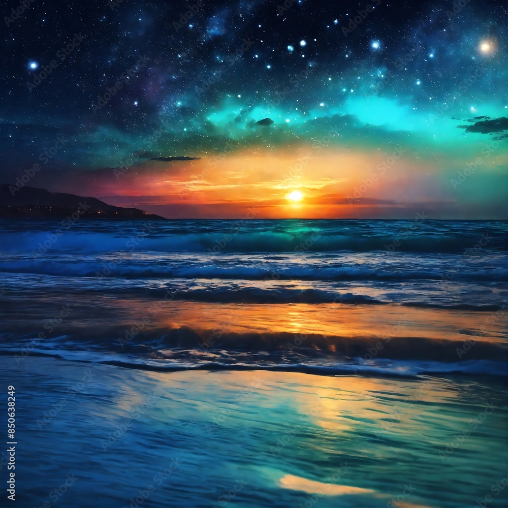 Fototapeta premium The photo shows a beautiful sunset over the ocean. The sky is a gradient of orange, yellow, and blue, with a few clouds dotting the horizon. The sun is a bright yellow orb, sinking below the horizon. 