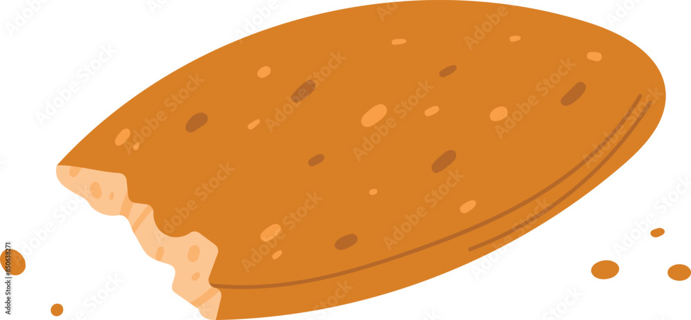 Halfeaten almond cookie crumbs isolated white background. Cartoon style digital art food illustration. Cracked sweet biscuit snack delicious treat Halfeaten almond cookie crumbs isolated white background. Cartoon style digital art food illustration. Cracked sweet biscuit snack delicious treat