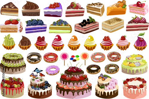 Big collection of sweet desserts.Cakes, pastries and sweets in a large vector set on a transparent background.