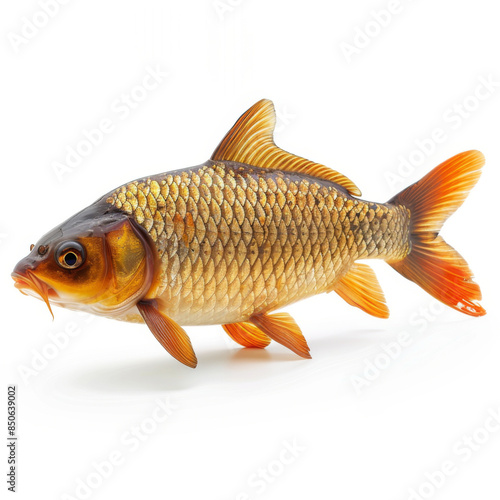 Detailed image of a golden fish against a white background, showcasing its scales and fins. © khonkangrua