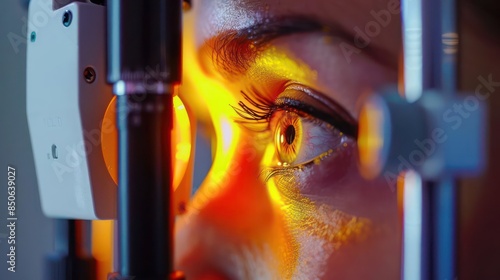 A closeup of a patients eye being scanned by a hightech retinal scanner for early detection of diseases photo