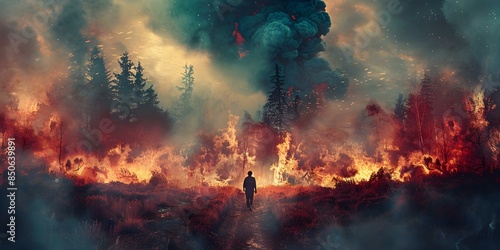 Surreal digital artwork of a person walking through a wildfire landscape. Concept Digital Art, Surreal Landscape, Wildfire Scene, Figure in Motion, Apocalyptic Art