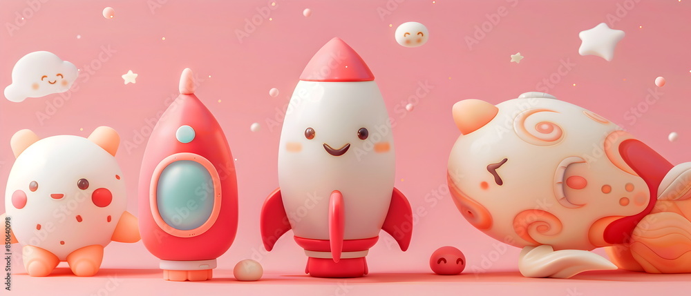 3D clay, Adorable clay a space rocket ,muted pastels, Blender 3d, stars with colorful UFO and cute , kawaii pets model, dolls decorations 3D clay, Adorable clay a space rocket ,muted pastels, Blender 3d, stars with colorful UFO and cute , kawaii pets model, dolls decorations