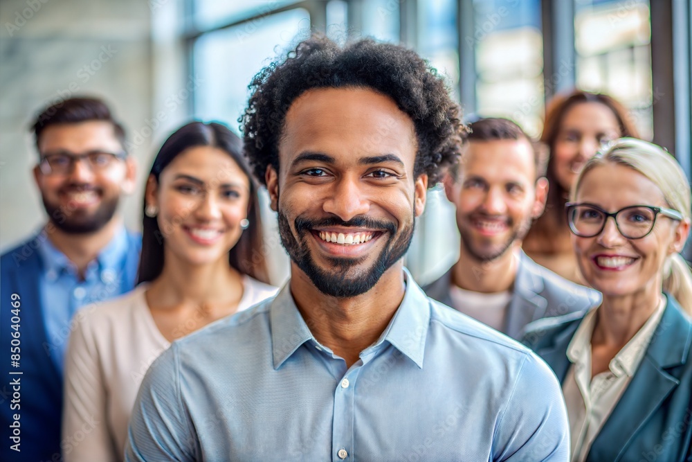 Obraz premium Diverse Leadership Team Member: Close-up of a team leader from a diverse background, smiling confidently, representing inclusivity in leadership. 
