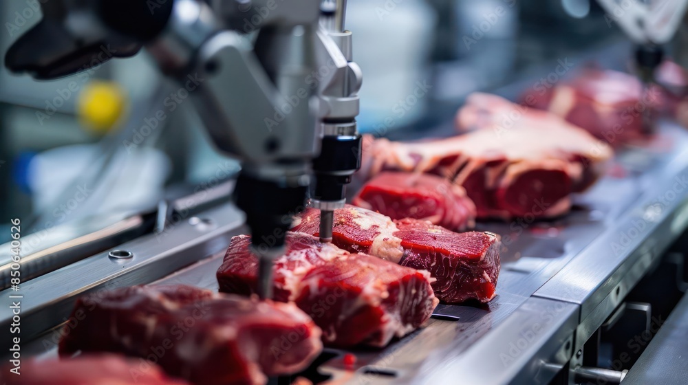 A closeup of labgrown meat being carefully examined by robotic arms in a sterile environment A closeup of labgrown meat being carefully examined by robotic arms in a sterile environment