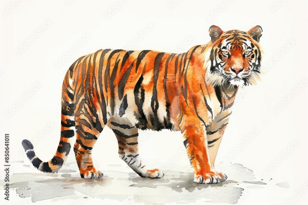 Obraz premium A fierce tiger painted in watercolor, displaying its striped coat and intense gaze on a white background