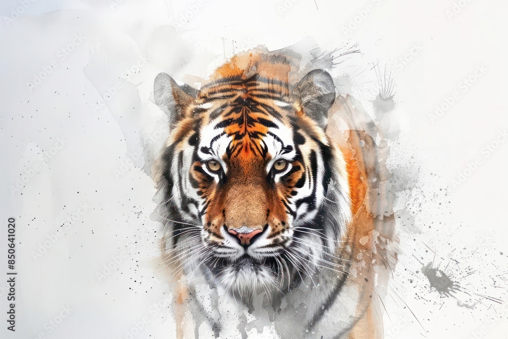 Obraz premium A fierce tiger painted in watercolor, displaying its striped coat and intense gaze on a white background