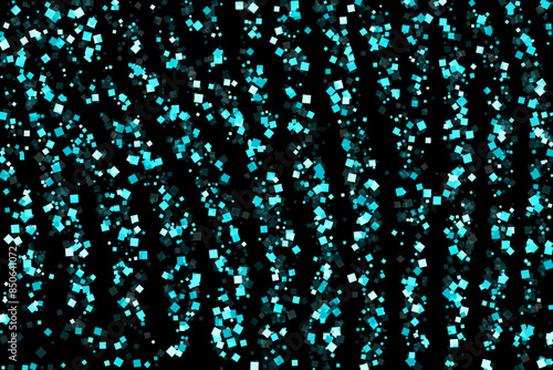 Blue cyan squares flying scatter. Black background. Blue tinsel confetti vector holiday backdrop. Shiny particles.