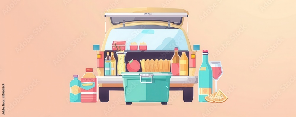 cooler in trunk flat design front view road trip snacks animation colored pastel cooler in trunk flat design front view road trip snacks animation colored pastel