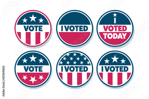 Set of voting stickers, badges, buttons. Vote, I voted today. American election vector elements, templates.