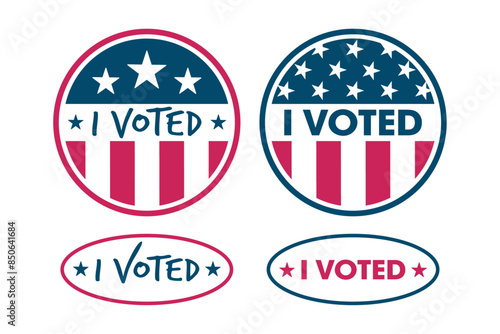 Collection of I voted badges, labels, stickers. USA election pins. Isolated on transparent background. Vector buttons, oval and circle. Flag, star, stripes.