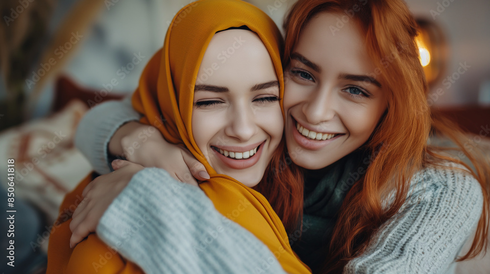 Young woman wearing hijab and her Western friend sharing a joyful embrace in a cozy setting. Young woman wearing hijab and her Western friend sharing a joyful embrace in a cozy setting.