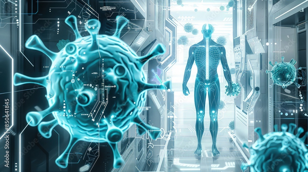 Naklejka premium A high-tech medical scene with a male figure and surrounding virus cells rendered in neon blue and white, set against a clinical, metallic background to reflect advanced medical technology.