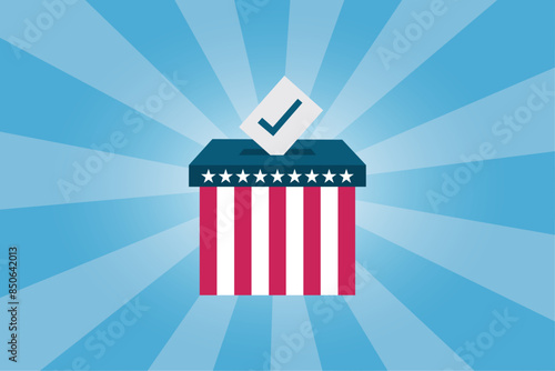 Election ballot. American flag vote. Putting voting paper into box. Bright modern background with stripes. Vector illustration.