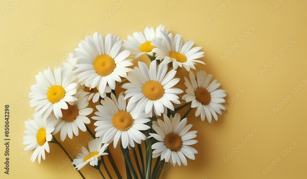 white daisies on a yellow pastel paper texture background with copy space white daisies on a yellow pastel paper texture background with copy space