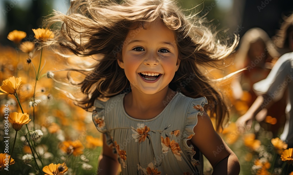 Young Girl Running in Flower Field Young Girl Running in Flower Field