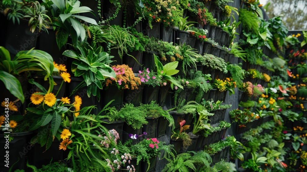 A lush vertical garden wall, each pocket filled with vibrant greenery and blooming flowers, transforming a plain urban facade into a living tapestry of plants. A lush vertical garden wall, each pocket filled with vibrant greenery and blooming flowers, transforming a plain urban facade into a living tapestry of plants.