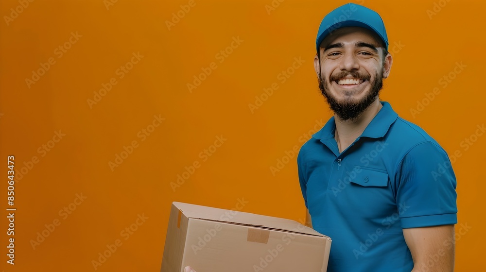Smiling Delivery Worker Holding Cardboard Box on Orange Background Smiling Delivery Worker Holding Cardboard Box on Orange Background