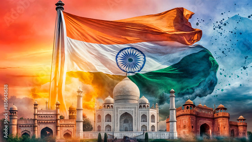 India's flag waving against a vibrant sunset. Ta Mahal, Gateway of India, and Red Fort artfully arranged in the foreground, symbolizing  unity and heritage. India Independence day, Republic day 