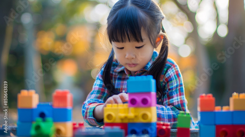 Young asian girl playing with colorful building blocks in the park. Childhood development and creative play.