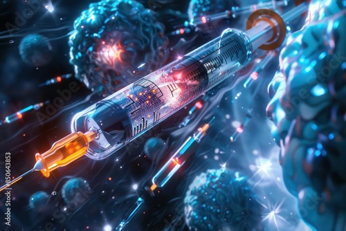 A futuristic syringe with nanoscale precision, delivering medication directly to cellular targets photo