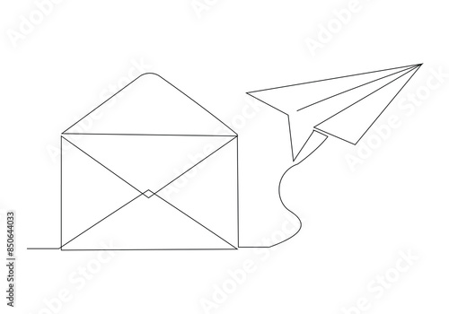 Continuous single line sketch drawing of envelope mail with flying paper plane sending letter and email message concept one line art vector illustration