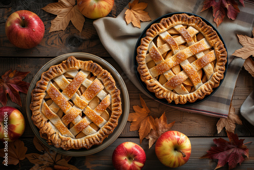 Two Apple Pies on Wooden Table With Fall Foliage
