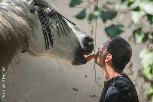 man feeding a horse with a carrot in his mouth