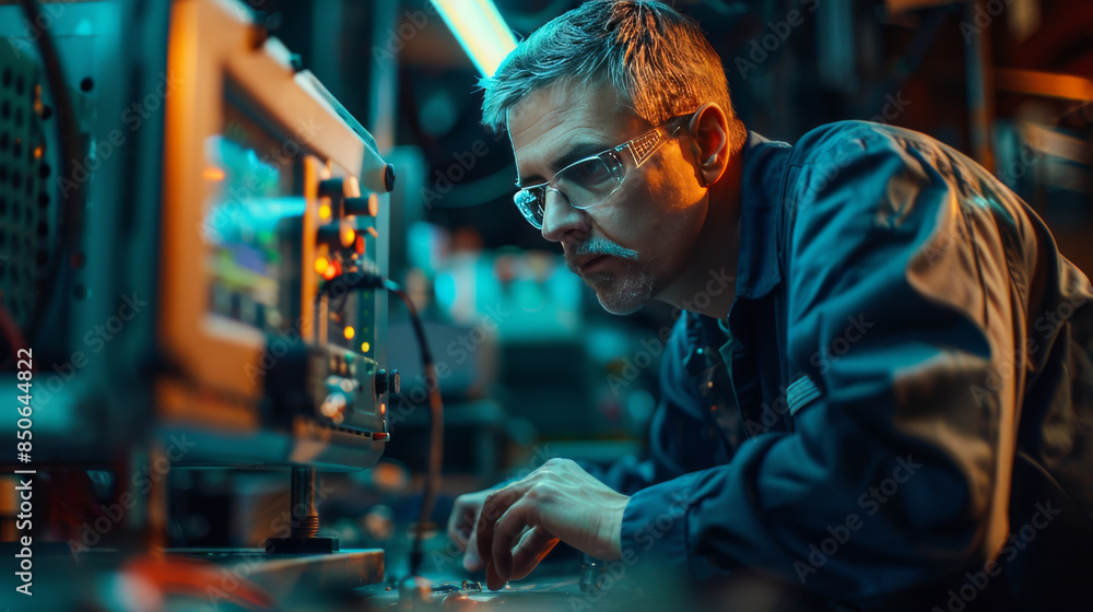 An engineer, wearing protective glasses, works meticulously with equipment in a high-tech laboratory setting. An engineer, wearing protective glasses, works meticulously with equipment in a high-tech laboratory setting.