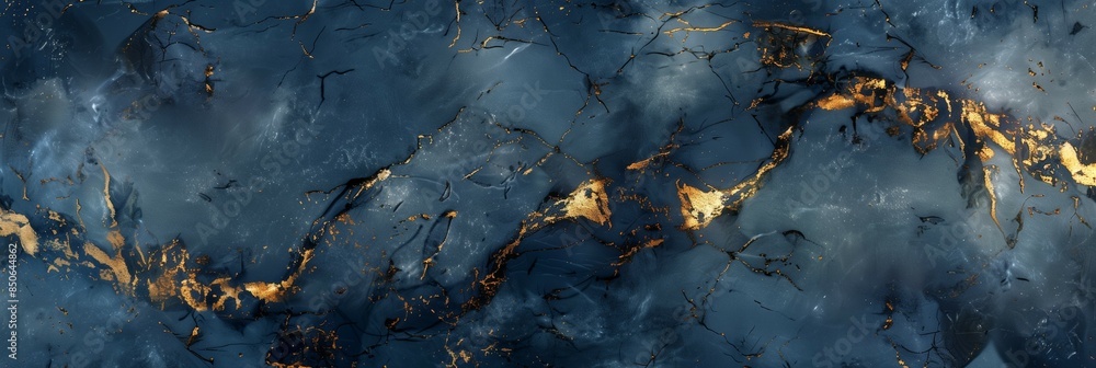 Fototapeta premium Abstract blue and gold marble texture with intricate veining and shimmering details.
