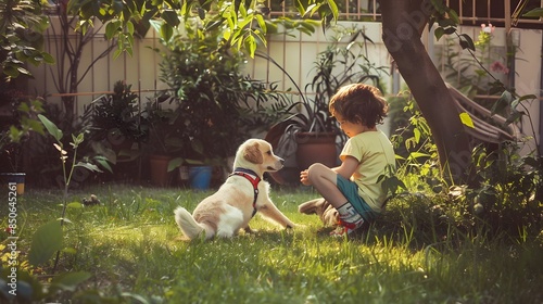 Young boy playing with puppy in lush, sunlit garden, filled with greenery and pure joy.