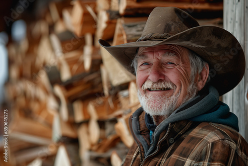 Elderly Man Wearing Brown Hat Smiles While Standing By Stack of Wood