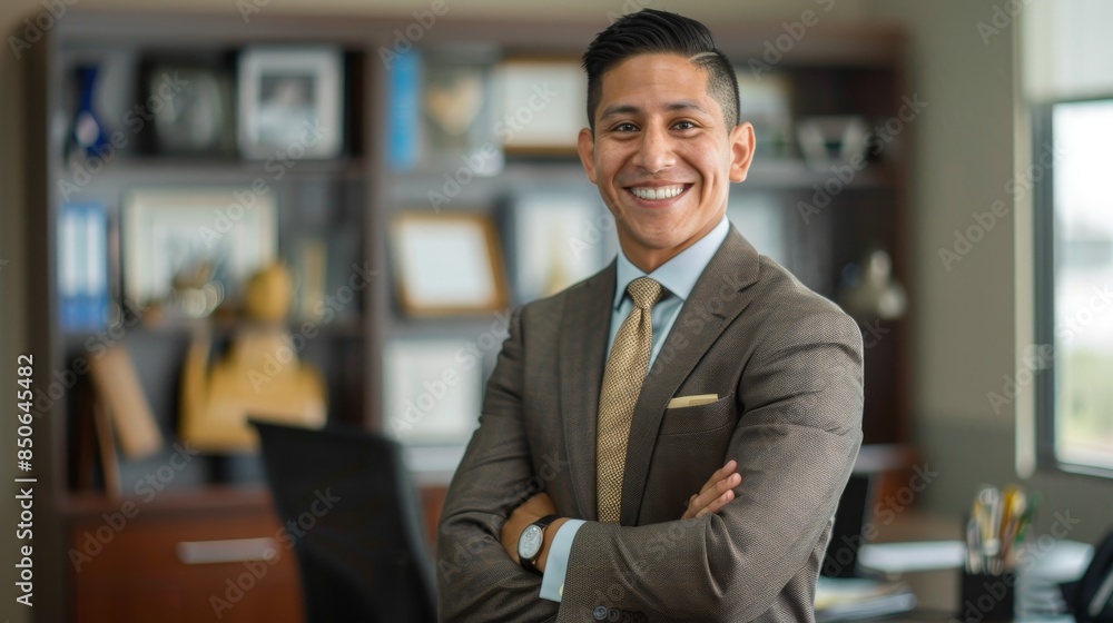 Smiling, elegant, and confident young professional Latino Hispanic businessman, radiating pride and leadership as he stands in his office, exuding aura of a smart and savvy company manager executive. Smiling, elegant, and confident young professional Latino Hispanic businessman, radiating pride and leadership as he stands in his office, exuding aura of a smart and savvy company manager executive.