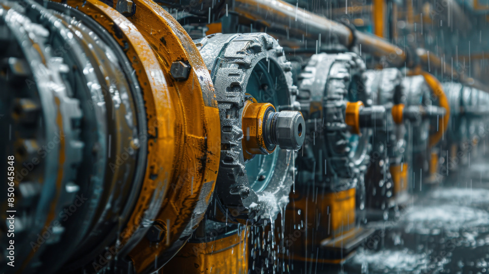 Close-up of rain-soaked industrial gears in a factory setting, highlighting machinery and wet metallic textures. Close-up of rain-soaked industrial gears in a factory setting, highlighting machinery and wet metallic textures.
