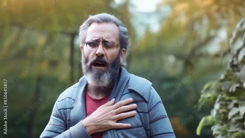 Elderly Caucasian man with glasses, wearing a grey sweater and red shirt, clutches his chest with a concerned expression. Outdoor setting in fall, with blurred green foliage in the background. Elderly Caucasian man with glasses, wearing a grey sweater and red shirt, clutches his chest with a concerned expression. Outdoor setting in fall, with blurred green foliage in the background.