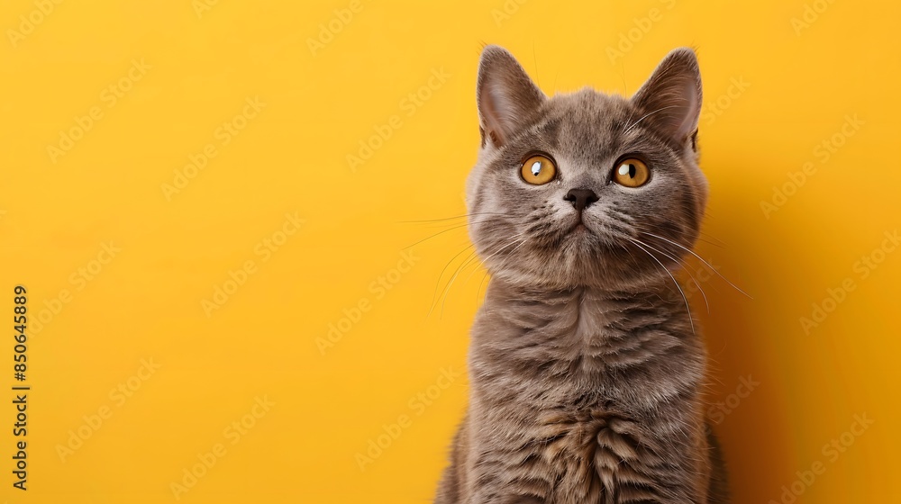 Obraz premium Adorable gray cat with bright yellow eyes sitting against a vibrant yellow background, looking curiously into the distance. Perfect for pet lovers.
